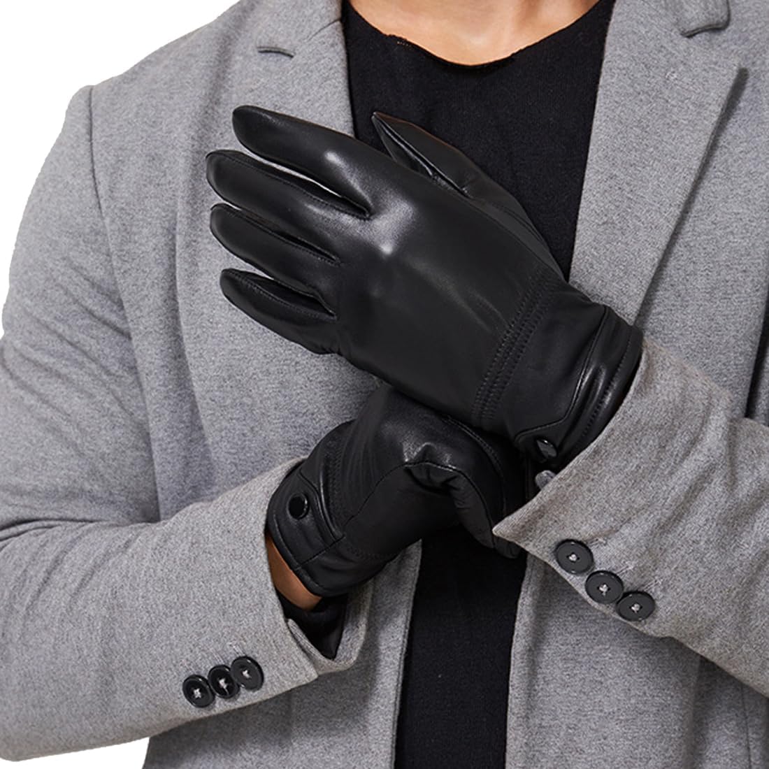 Tillonetiy Men's Winter Genuine Sheepskin Gloves, Touch Screen Warm Leather Gloves for Men, Cashmere Lined Outdoor Driving - Image 6